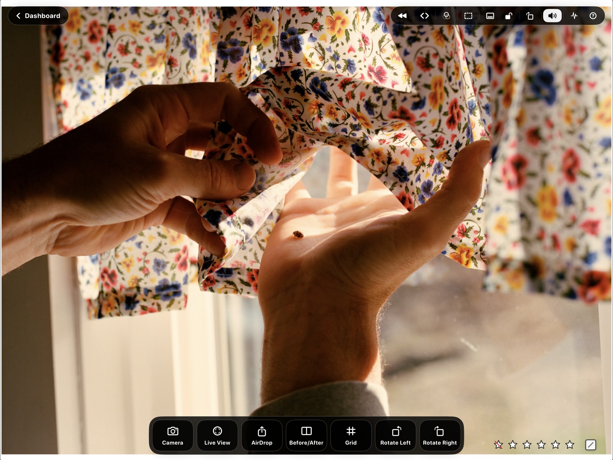 OneScreen for iPad live viewer showing a tethered capture full screen, with the Control Deck toolbar, Capture One actions, and rating stars.