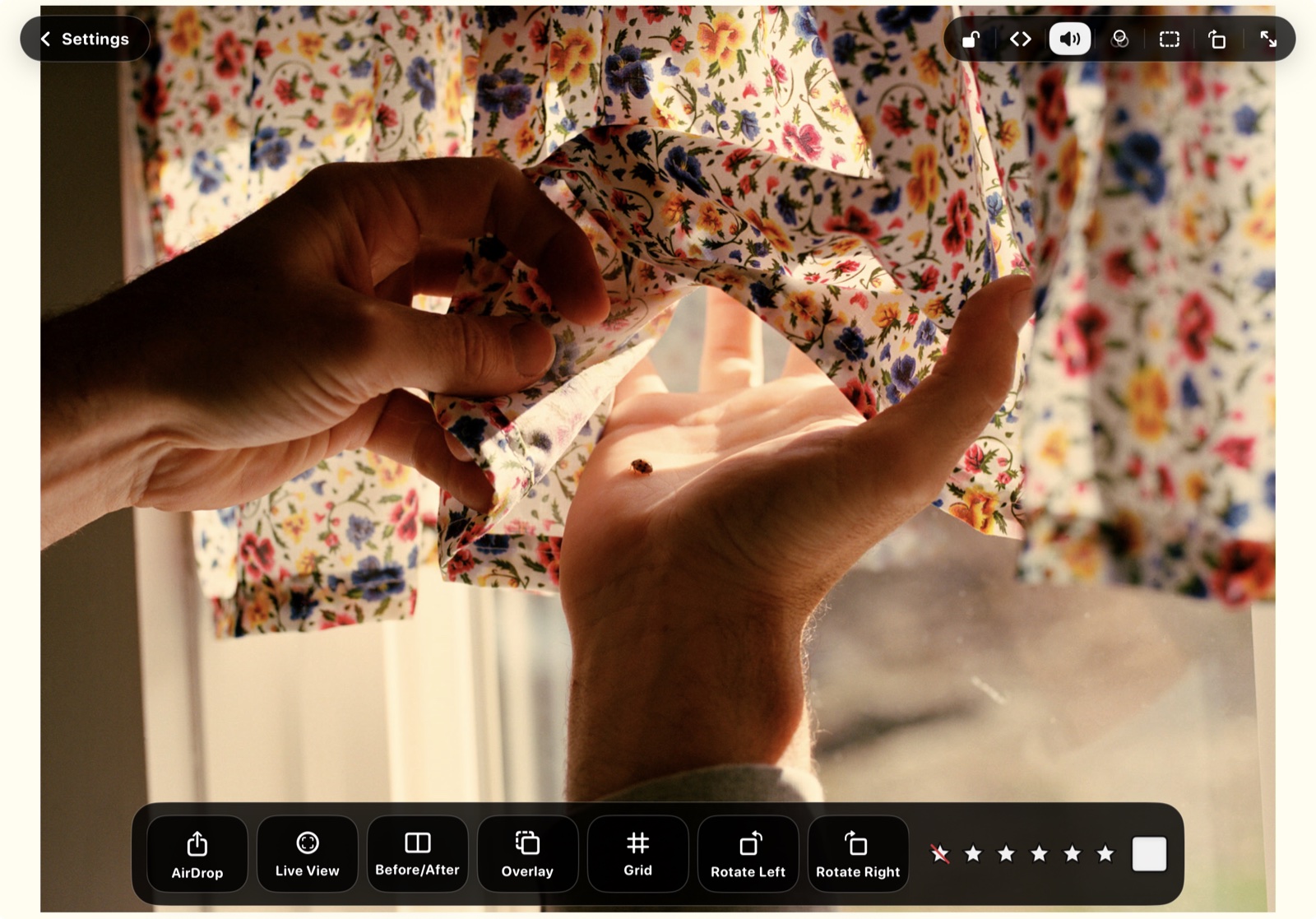 OneScreen for iPad live viewer with monitor controls and rating toolbar.