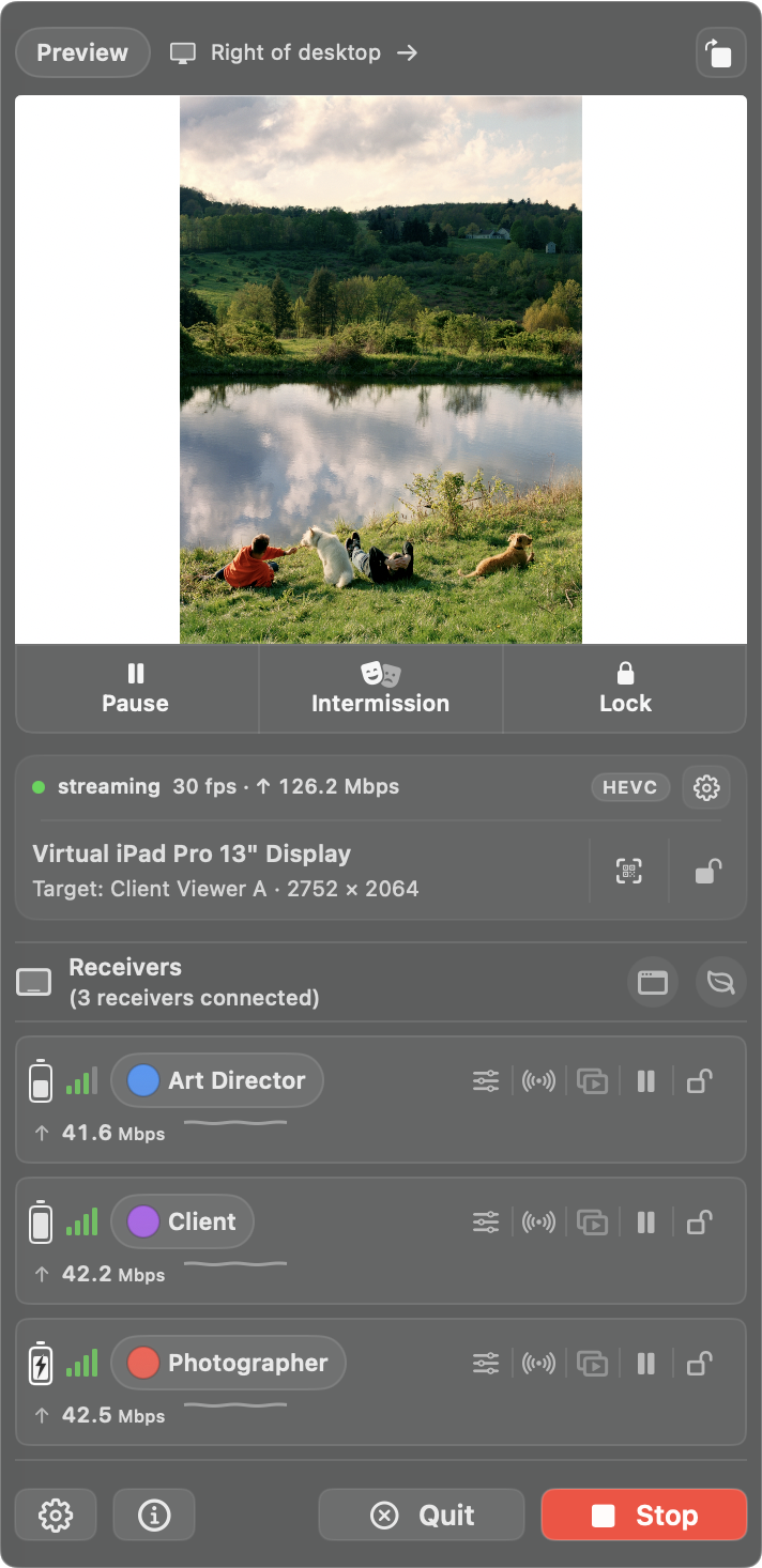 OneScreen menu bar app fullscreen panel preview with streaming controls, stream status, and connected receiver tools.