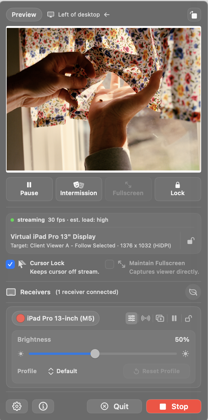 OneScreen menu bar app fullscreen panel preview with streaming controls, stream status, and connected receiver tools.