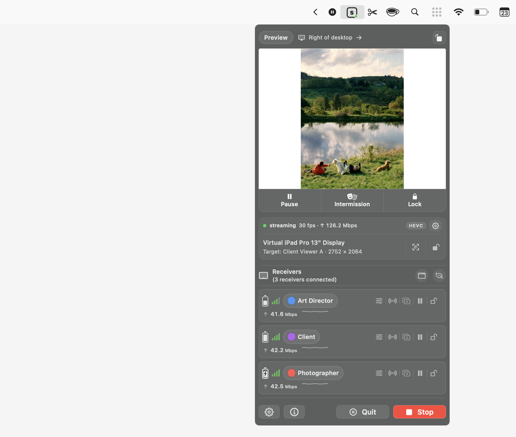 OneScreen for Mac menu bar preview with desktop context, streaming controls, and receiver status.